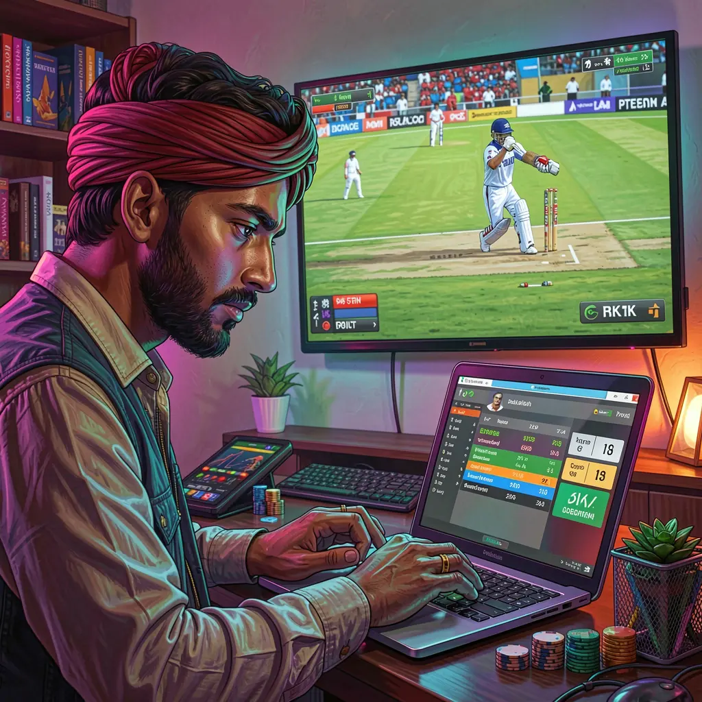 Focused Bangladeshi player placing cricket bets on a laptop at home while watching a live match with colorful lighting on 995BDT