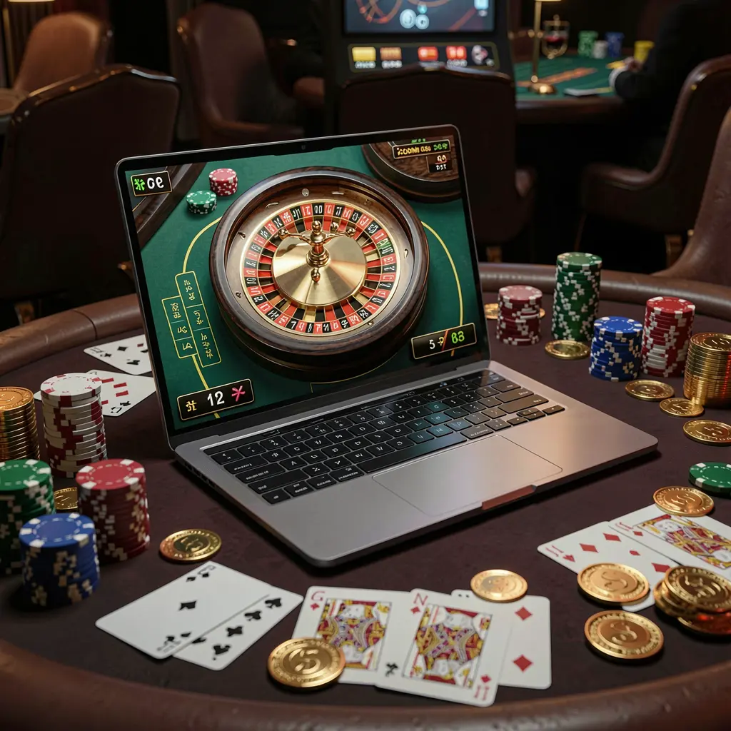 Modern laptop displaying a vibrant roulette wheel surrounded by casino chips and cards symbolizing premium online casino entertainment at 995BDT