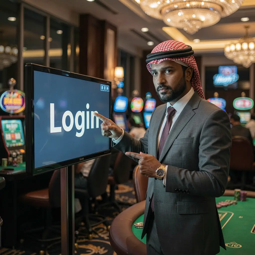 Professional casino dealer from Bangladesh pointing at a digital login screen inside a modern 995BDT casino environment